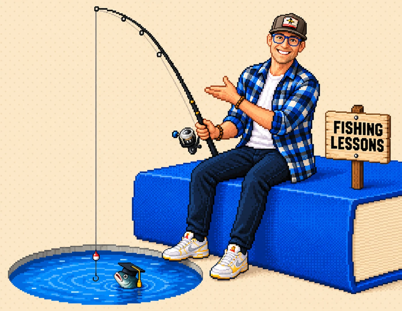 Steve sitting on a giant book, fishing rod in the water, with a graduate fish on the line and a FISHING LESSONS sign.