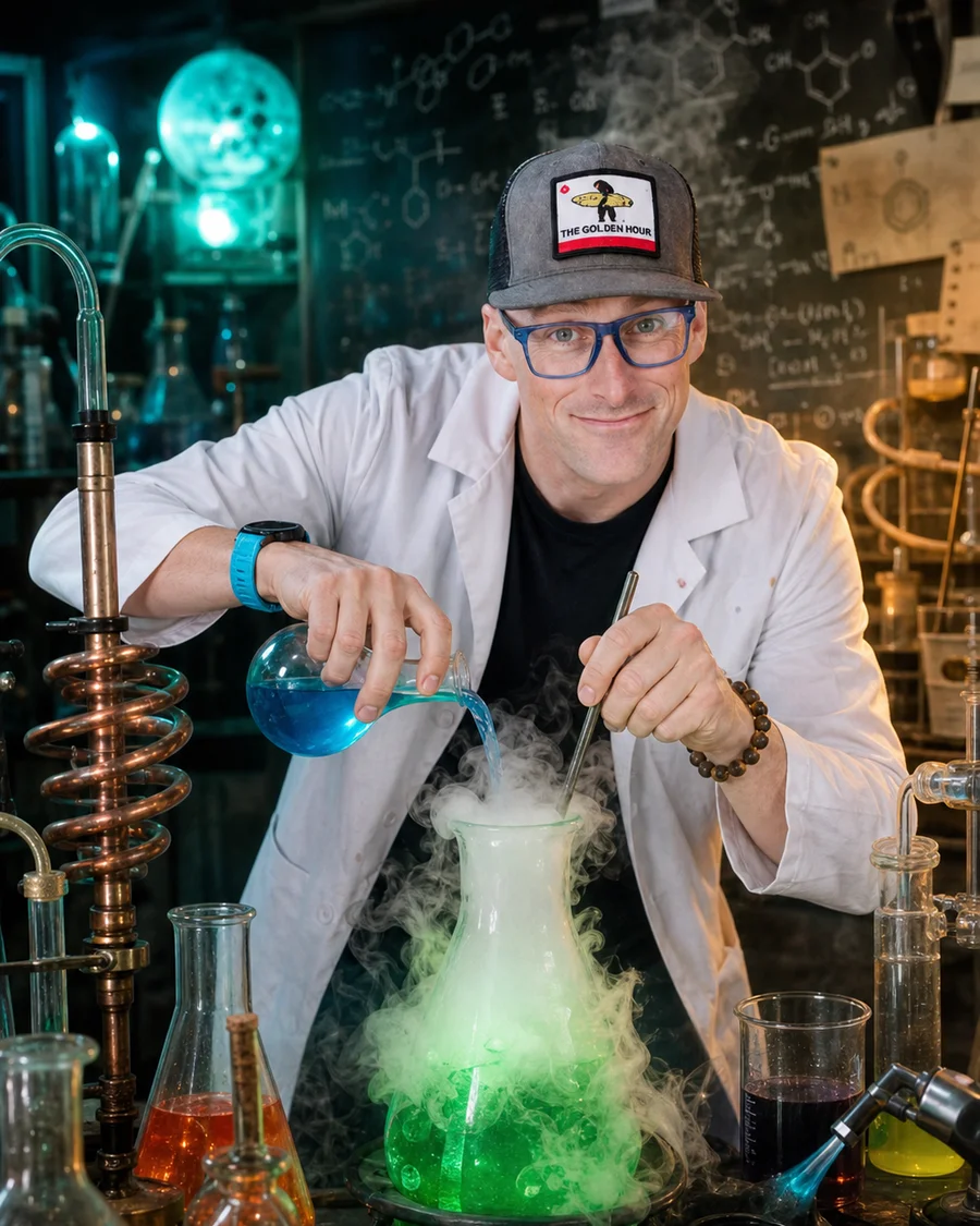 Steve in a lab coat, pouring something blue into a smoking green concoction.