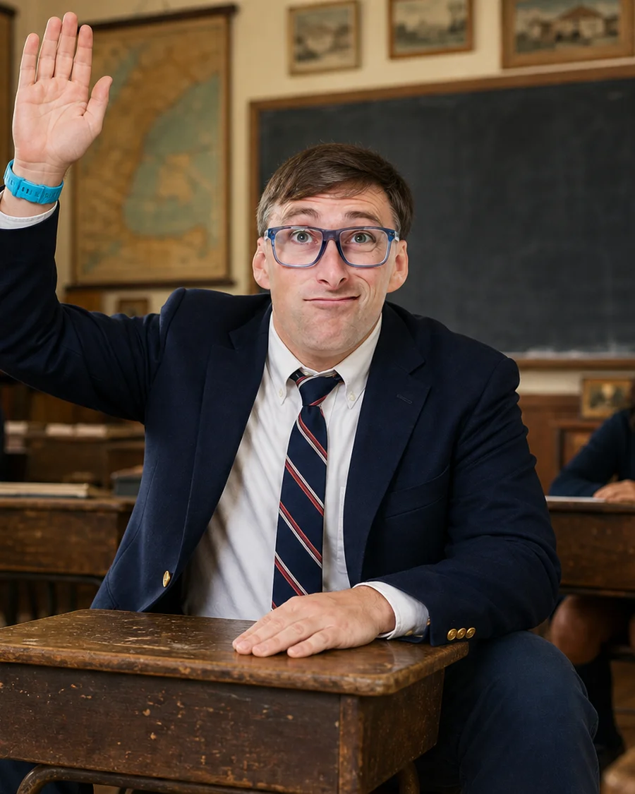 Steve, hand up, at a school desk.
