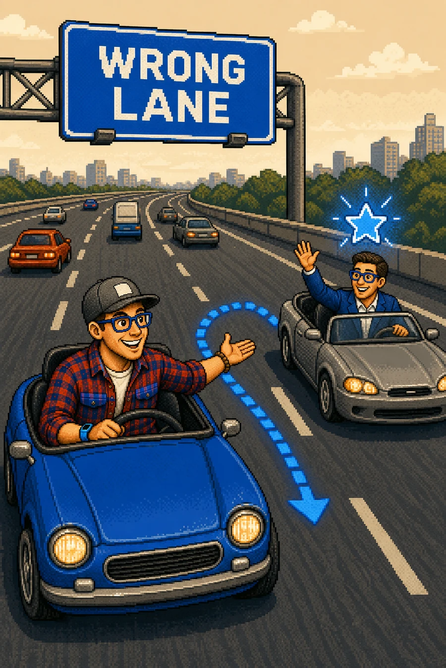 Steve waving another driver into the right lane, under a WRONG LANE highway sign.